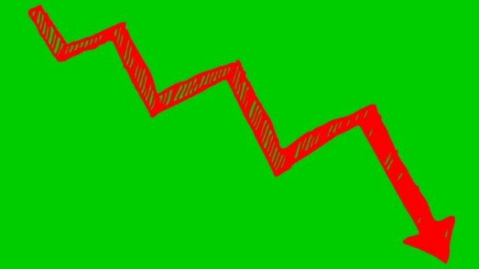 动画红色箭头。经济衰退图表。经济危机，衰退，下降图。利润下降。手绘矢量插图孤立在绿色背景上。