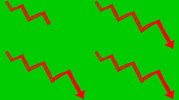 动画红色箭头。经济衰退图表。经济危机，衰退，下降图。利润下降。手绘矢量插图孤立在绿色背景上。