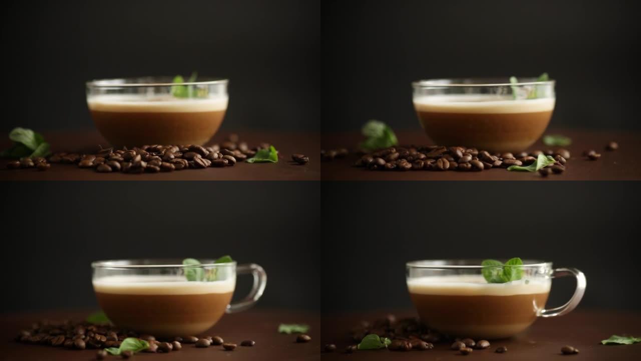 一杯带有心形和咖啡豆的咖啡拿铁咖啡