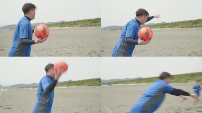 沙滩足球运动员掷球