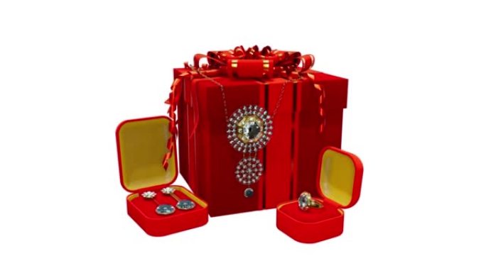 珠宝礼品-红色盒子，带金戒指、钩环和钻石项链，孤立