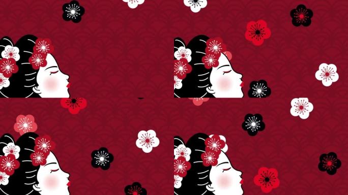 美丽的日本艺妓与花卉图案