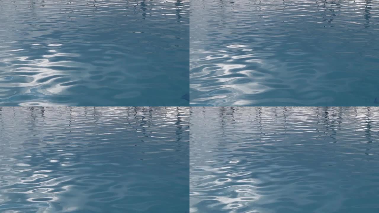 阳光普照的游泳池的绿松石蓝色表面。抽象反射和折射光