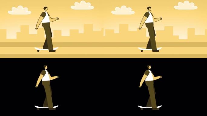 黄色风格的男人平角色骑滑板。带有Alpha通道的孤立循环动画