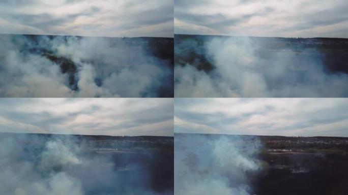鸟瞰大烟云和火场。野火的特写镜头，森林大火蔓延