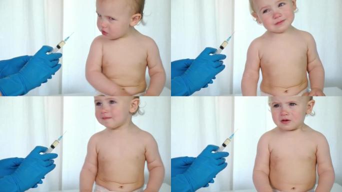 医生在诊所给哭泣的婴儿接种疫苗。小宝宝打针。儿科医生给新生婴儿接种疫苗。婴幼儿疫苗。儿童预防接种，儿
