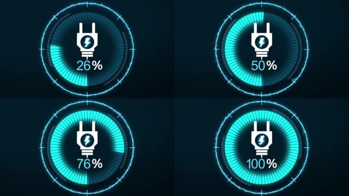 电动汽车仪表板显示。电动汽车充电指示。
