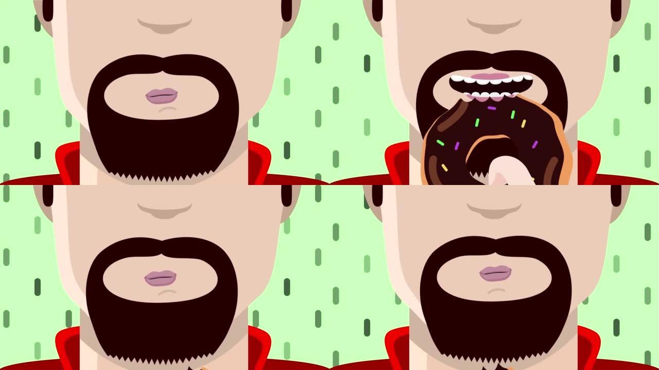 甜甜圈人。吃甜甜圈。动画。