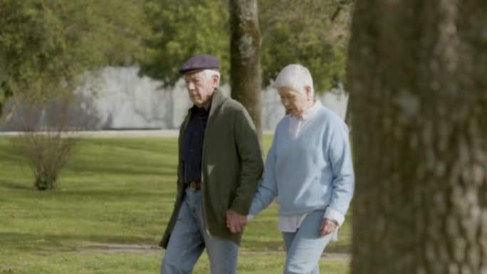 高年级白人夫妇在温暖的秋日在公园散步