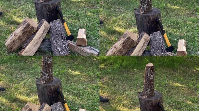 木乡人堆原木用钢斧在树桩上砍柴