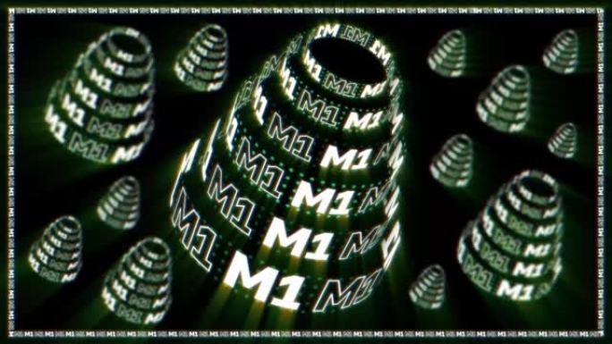 发光绿色M1标志动画。旋转圆柱体形状。网络数字技术。抽象的未来背景。4K