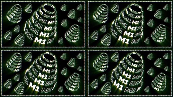 发光绿色M1标志动画。旋转圆柱体形状。网络数字技术。抽象的未来背景。4K