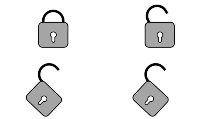 锁定和解锁锁定白色背景上的黑色孤立图标。设置锁定和解锁挂锁的轮廓。平面设计。4k视频插图。