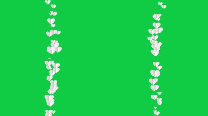抽象动画3d白皮书心漂浮在绿屏背景上。4k 3d无缝循环心，用于浪漫场合，婚礼，情人节，母亲节，介绍