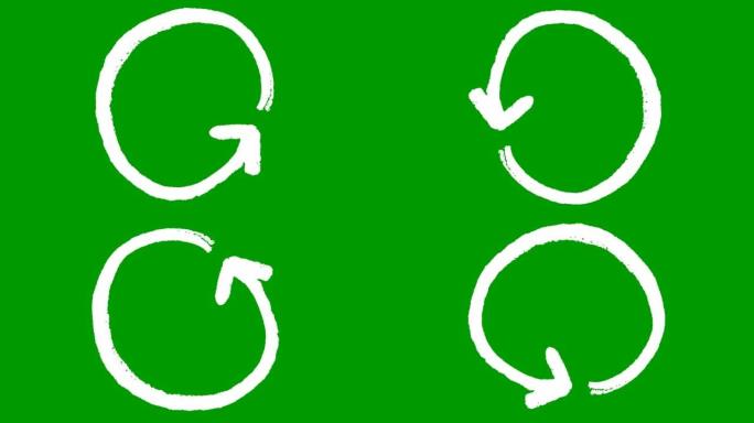 圆圈箭头的动画图标。白色符号旋转。循环视频。手绘矢量插图孤立在绿色背景上。