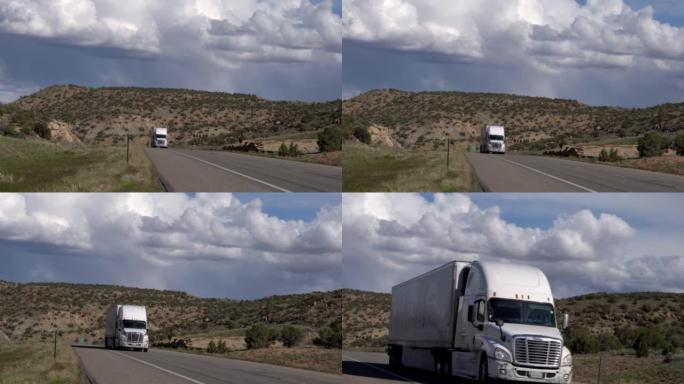 半卡车沿着州际公路行驶，在科罗拉多州和犹他州之间交付，关闭视频剪辑