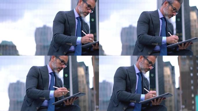 成熟的数字艺术家通过现代触摸板和手写笔上的应用绘制草图，同时等待城市背景下的同事