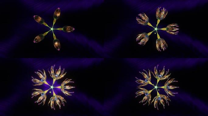 通过基因修饰和基因组编辑产生的具有鳕鱼图案的新植物种，在深紫色的世界中绽放。