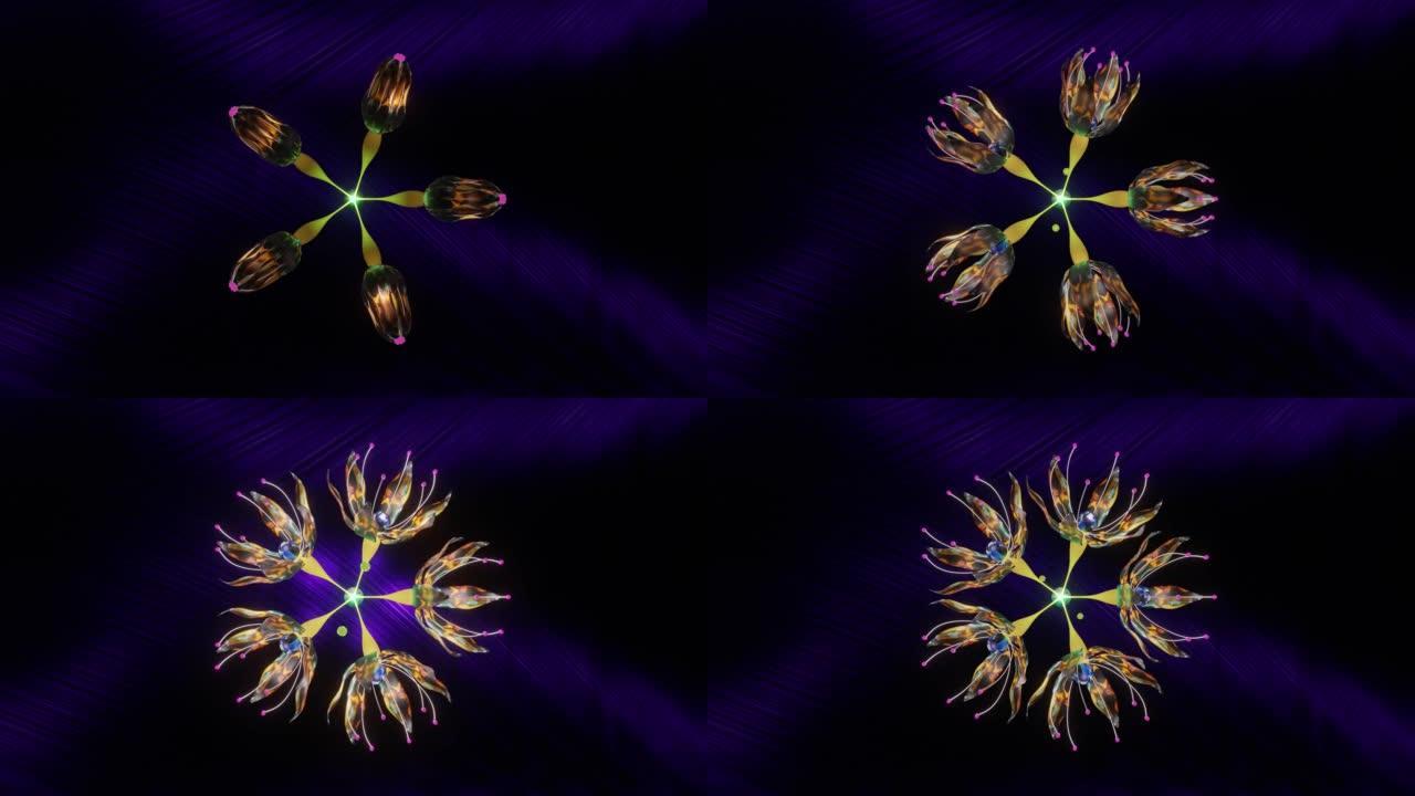 通过基因修饰和基因组编辑产生的具有鳕鱼图案的新植物种，在深紫色的世界中绽放。
