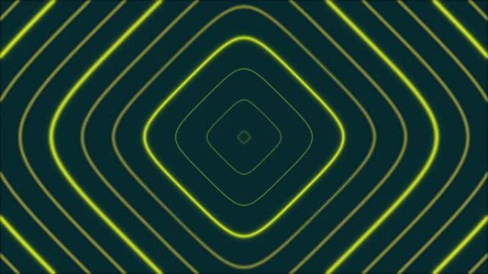 可循环数字霓虹灯方形几何形状背景。4k未来派闪闪发光的动画图案，在黑暗中带有酸性绿色和黄色。网络概念