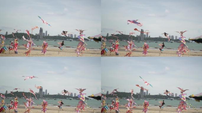 海滩上的风筝。夏天的时候。