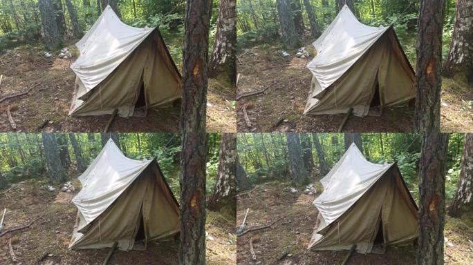 简单，自然的彩色帆布帐篷设置在树木之间的森林营地中