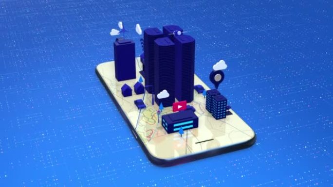 卡通等距3D智慧城市概念。智能平板电脑上的未来生活。循环