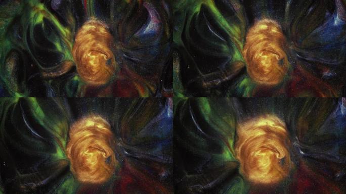 彩色抽象纹理的液体大理石，液体艺术。抽象红蓝黄漩涡暗背景视频设计。