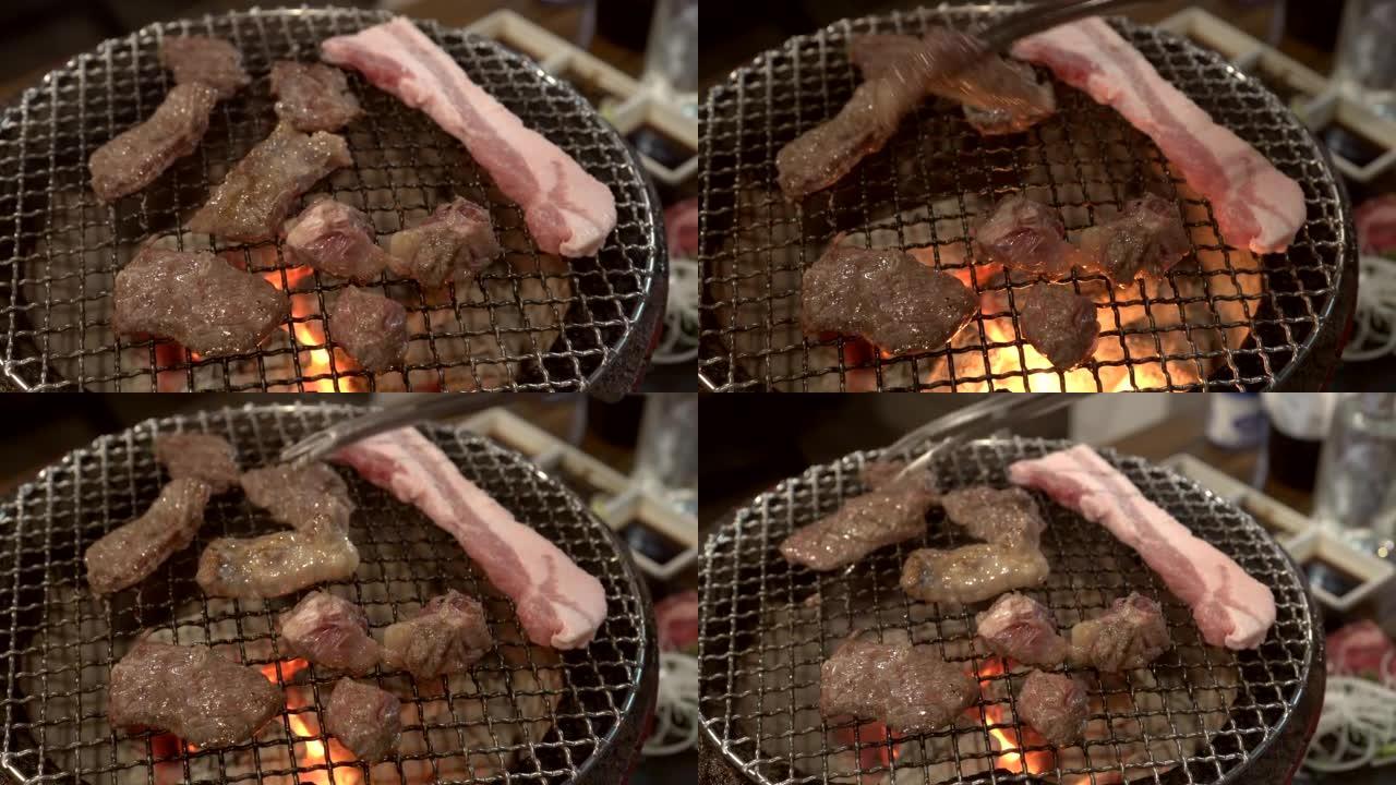 烧烤牛肉和猪肉日本烤肉木炭风格豪华聚会餐