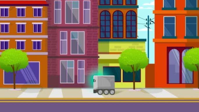 送货机器人骑在街上2D平面动画。智能传感未来技术。丰富多彩的背景。