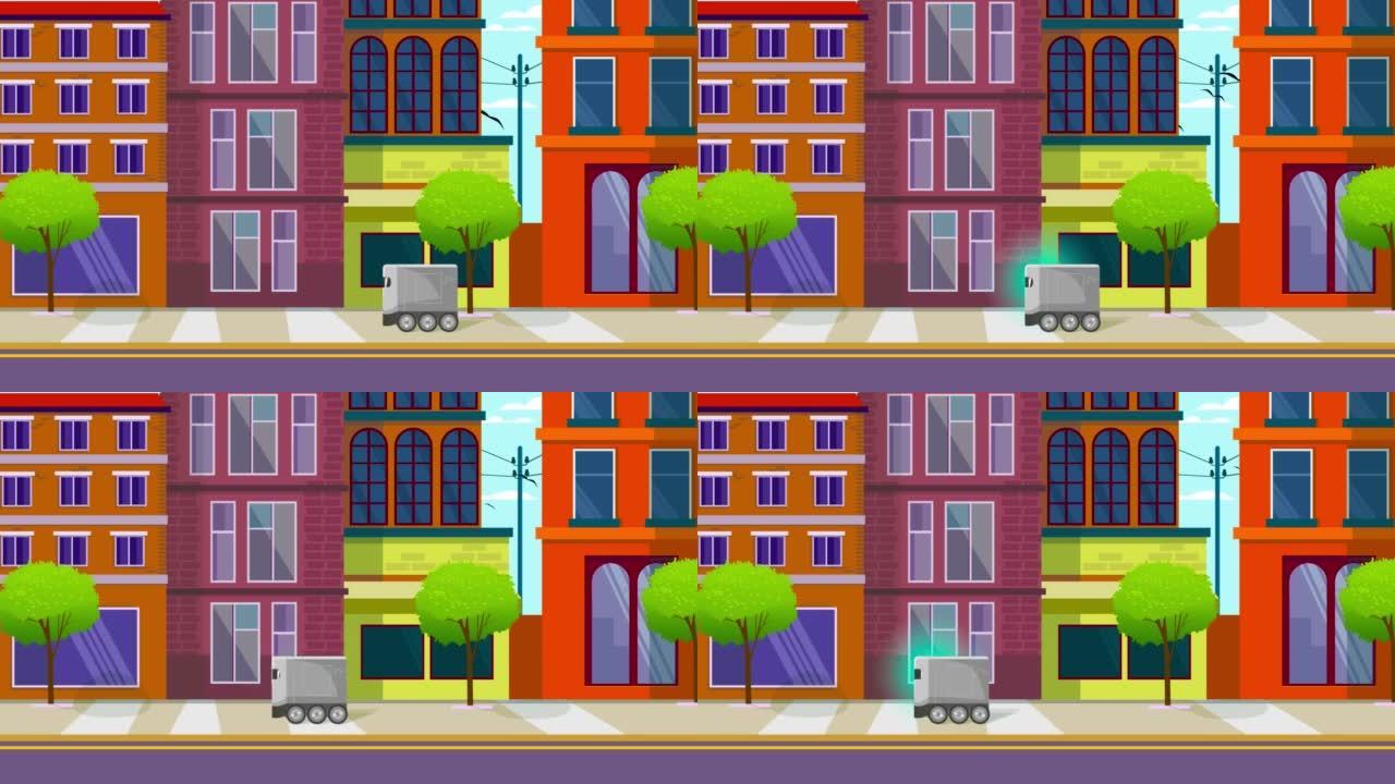 送货机器人骑在街上2D平面动画。智能传感未来技术。丰富多彩的背景。