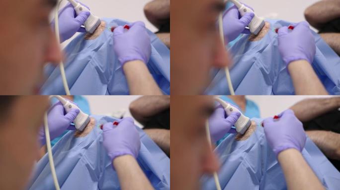 男性骨科医生在注射血浆的同时用超声检查男性患者的膝盖