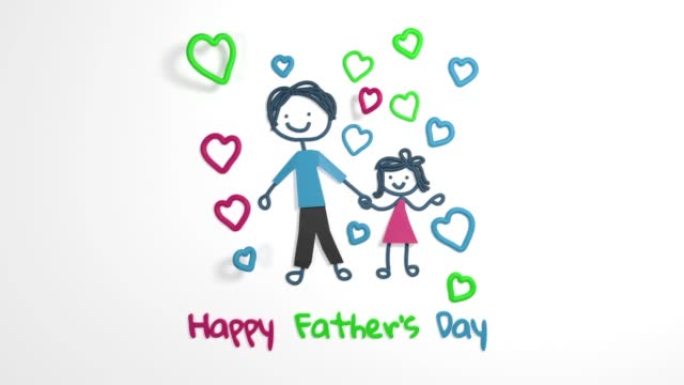 在4k分辨率的父亲节上，父亲和女儿Doodle在白色背景上行走时的幼稚绘画