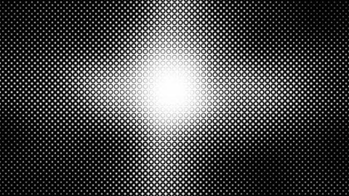 抽象动画背景，圆形单色半色调点由于过渡效果而改变框架。白色和黑色的半色调创造了一个平滑的图形运动过渡