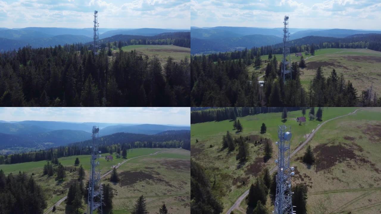 法国4K s é richamp Vosges山区森林中的5g电信天线桅杆塔上的空中倾斜视图