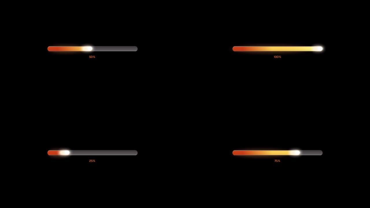 黑色背景上的动画橙色加载条隔离。