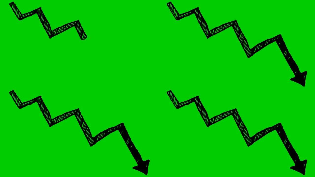 动画黑箭。经济衰退图表。经济危机，衰退，下降图。利润下降。手绘矢量插图孤立在绿色背景上。