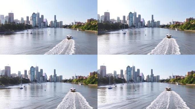 布里斯班河航拍画面与船在2017河上行驶