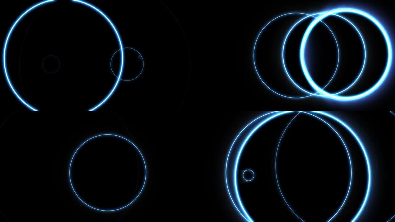 抽象烟花与蓝光效果的圆形聚集。黑色背景上的抽象蓝色水滴。视频动画背景。