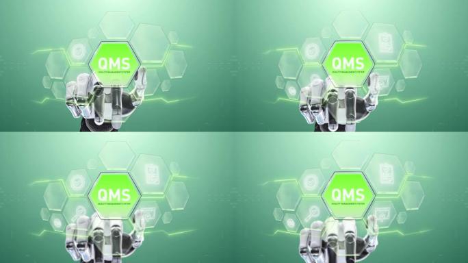 QMS质量管理系统机器人手触摸，触摸未来，界面技术，用户体验的未来，旅程和技术概念，数字屏幕界面