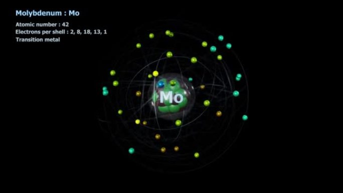 具有42个电子的钼原子在黑色上无限轨道旋转