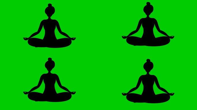 动画女孩正坐在莲花位置做瑜伽。黑色符号。女孩沉思。瑜伽的现代平面设计理念。女人在空中飞升。绿色背景上