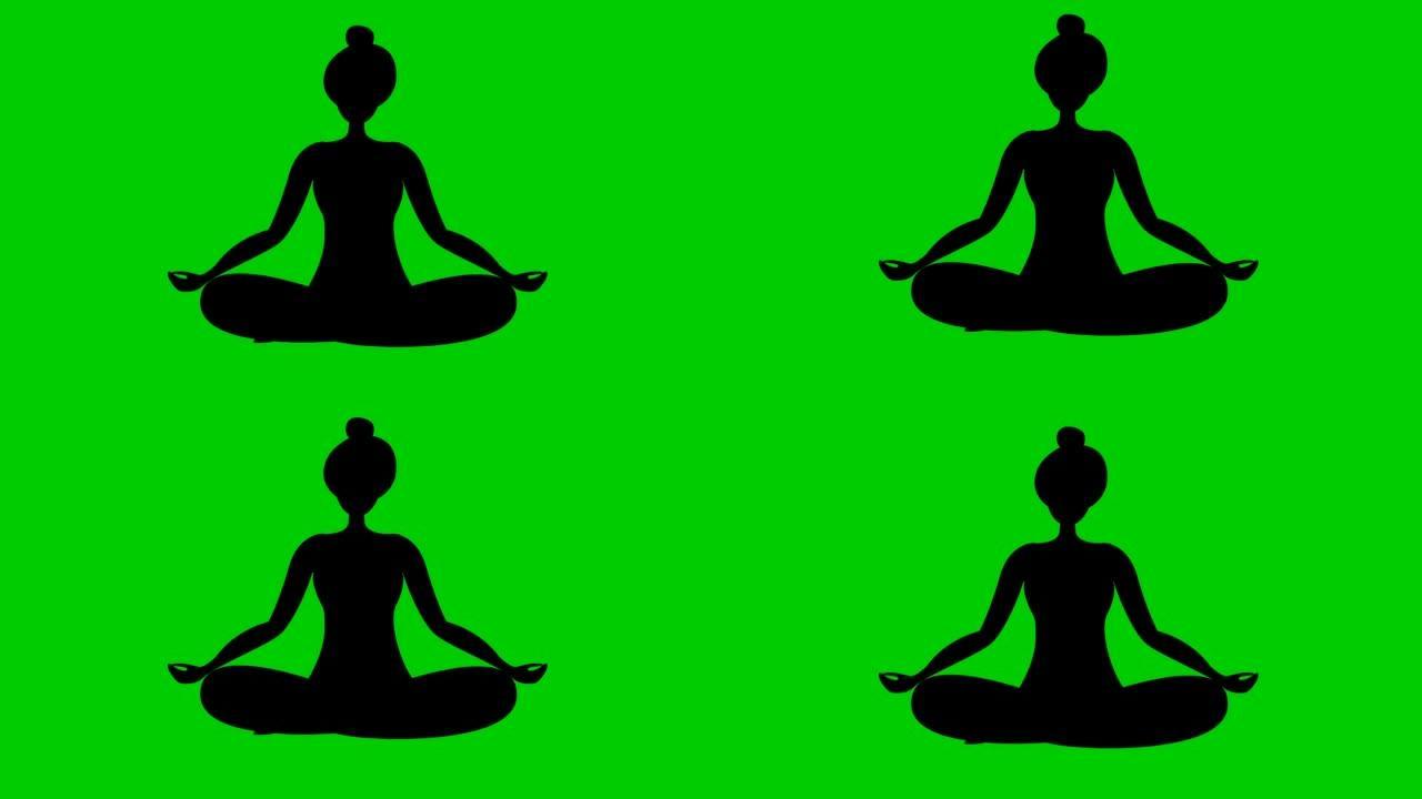 动画女孩正坐在莲花位置做瑜伽。黑色符号。女孩沉思。瑜伽的现代平面设计理念。女人在空中飞升。绿色背景上