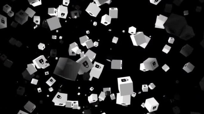 抽象立方体3D动画数字背景和粒子运动图形可循环元素。图标锁安全，方形，metaverse技术，数字数