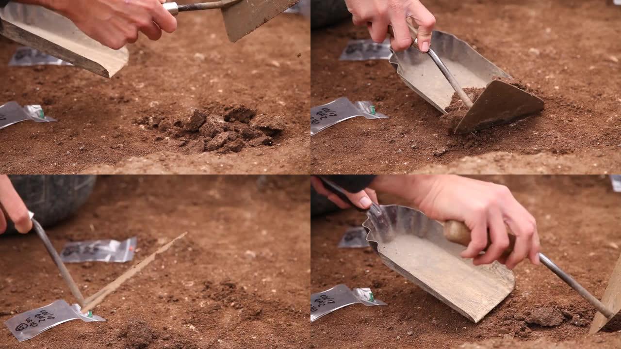 考古学家在历史遗址上使用抹刀