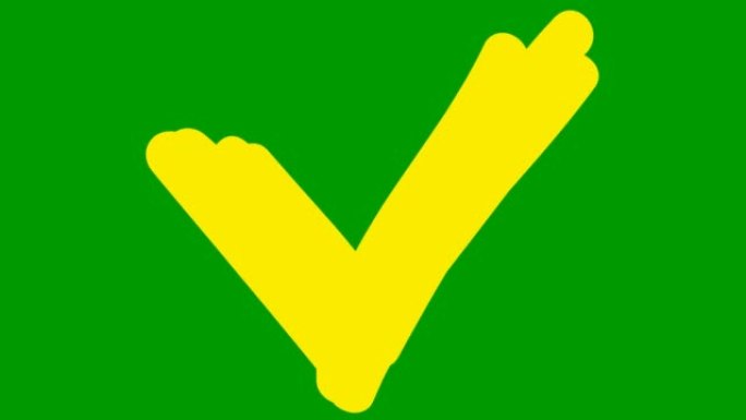 用标记绘制的复选标记的动画黄色图标。出现手绘符号。矢量插图孤立在绿色背景上。
