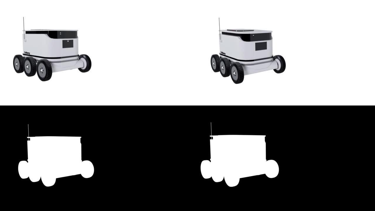 自主交付机器人3D动画孤立在白色背景上。智能未来技术。自动驾驶机器人送货无需人工调解。4K