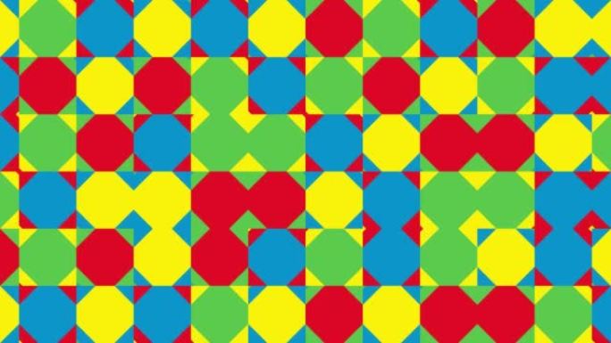 最小动态马赛克中的无缝循环抽象多色形状。几何图案原色动画瓷砖。平面设计中的运动图形背景