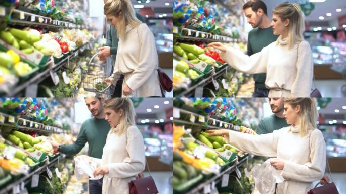 年轻夫妇在超市买食物。