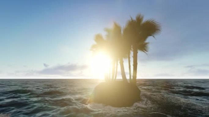 海洋中有棕榈树的小岛，日出。3d渲染